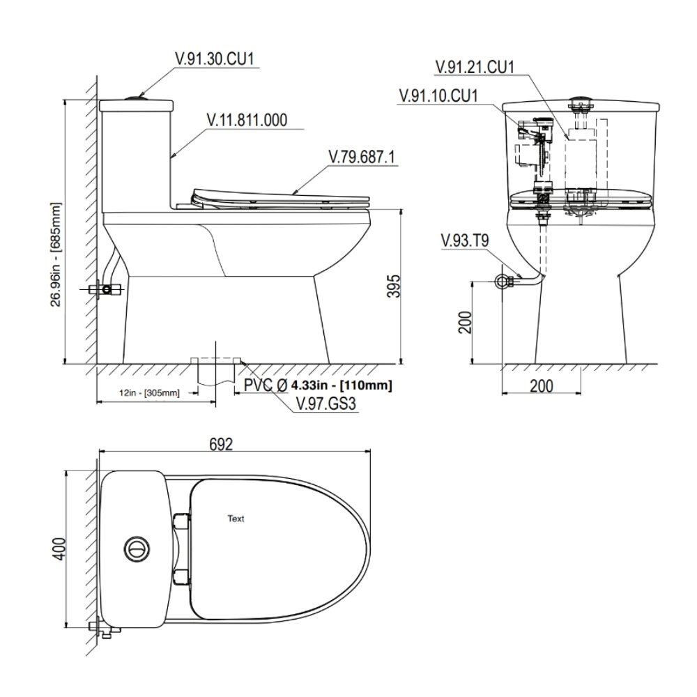 Bản vẽ kỹ thuật bồn cầu 1 khối Viglacera V811 nắp êm (+ vòi xịt VG826)