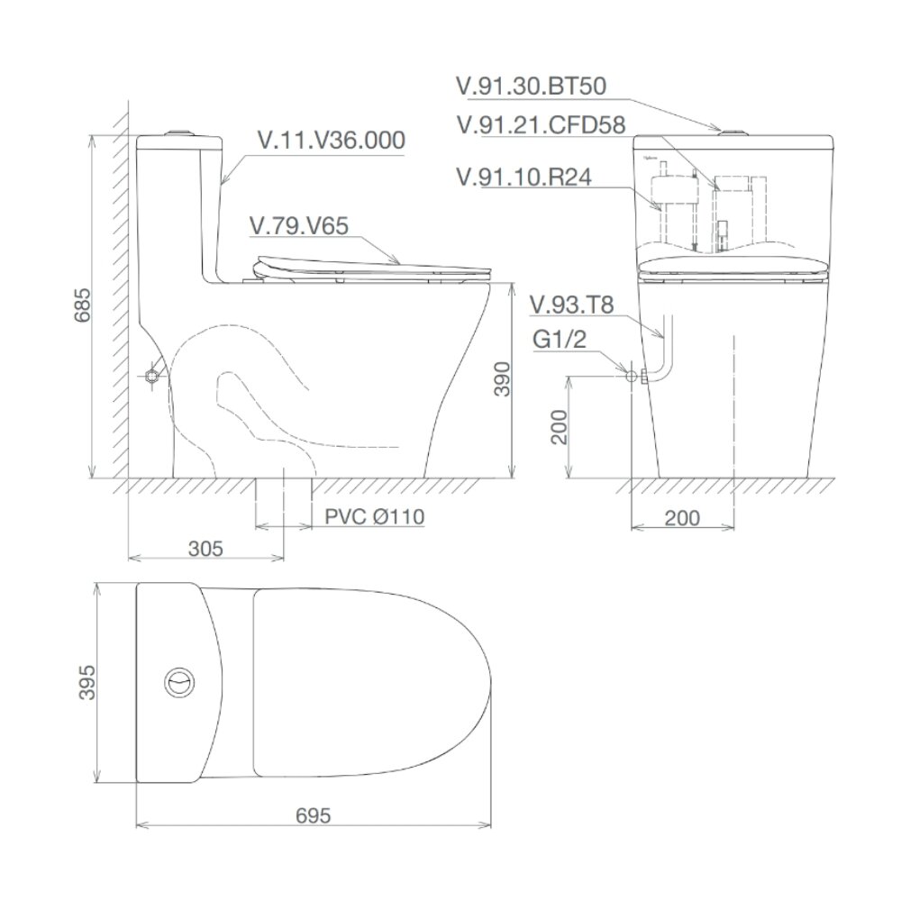 Bản vẽ kỹ thuật bồn cầu 1 khối Viglacera V36 nắp êm (+ vòi xịt VG826)
