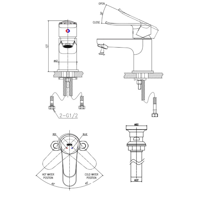 Bản vẽ kỹ thuật vòi chậu lavabo nóng lạnh INAX LFV-2012S-R