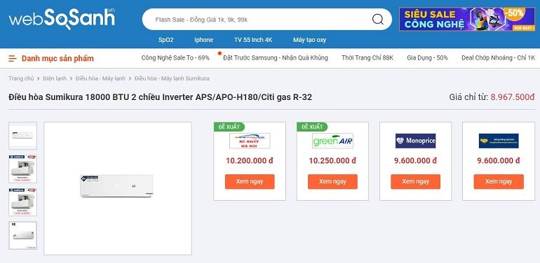 Giá điều hoà Sumikura 18000BTU 2 chiều Inverter APS/APO-H180/Citi gas R - 32