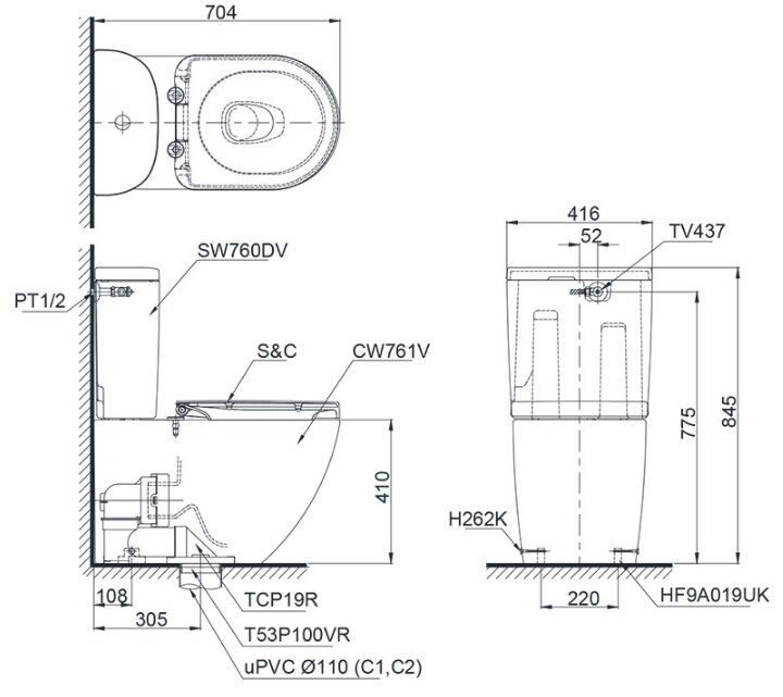 Bồn cầu 1 khối nắp rửa điện tử S7 TOTO CS761PDW5