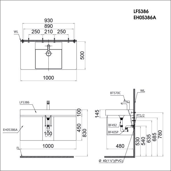Tủ lavabo treo tường Caesar LF5386+EH05386 bản vẽ