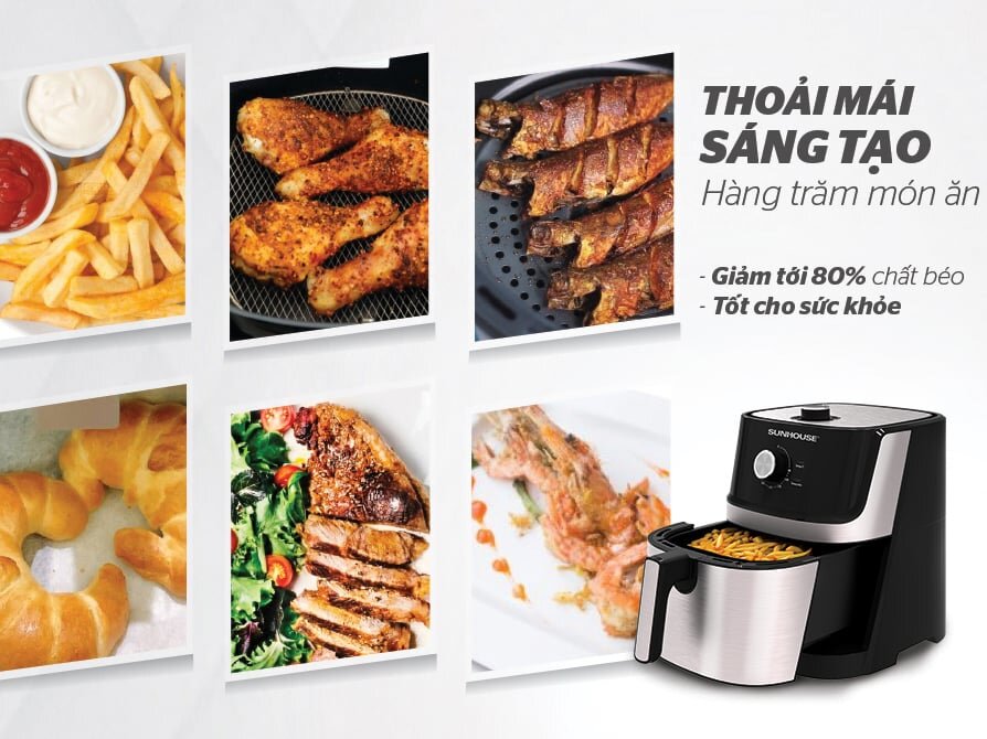 Nồi chiên không dầu Sunhouse 6L SHD4027 giúp giảm 80% lượng chất béo