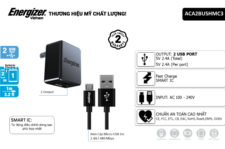 Sạc Energizer 2 cổng USB, Kèm Cáp Micro USB - ACA2BEUHMC3