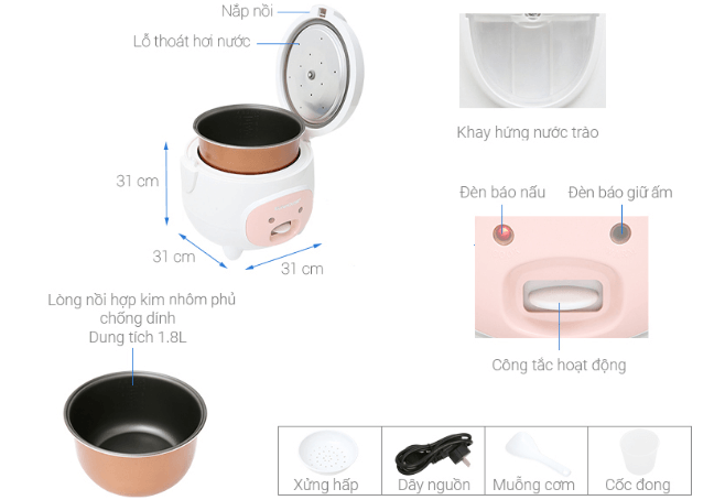 Cấu tạo nồi cơm điện Sunhouse 1,8 lít SHD8607W Cấu tạo nồi cơm điện Sunhouse 1,8 lít SHD8607W
