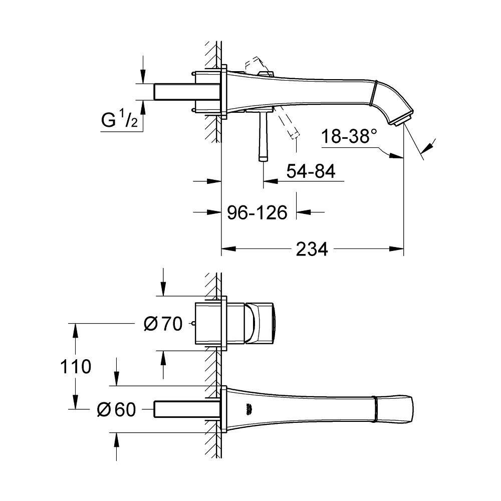 Bản vẽ kỹ thuật vòi chậu nóng lạnh gắn tường 2 lỗ Grandera GROHE 19930000