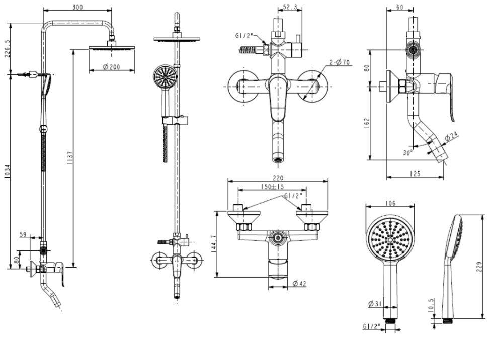 Bản vẽ kỹ thuật bộ sen tắm cây nóng lạnh American Standard WF-9088
