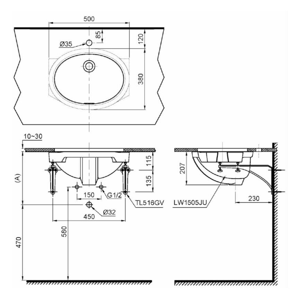 Bản vẽ kỹ thuật chậu rửa mặt lavabo âm bàn TOTO LW1505V#XW
