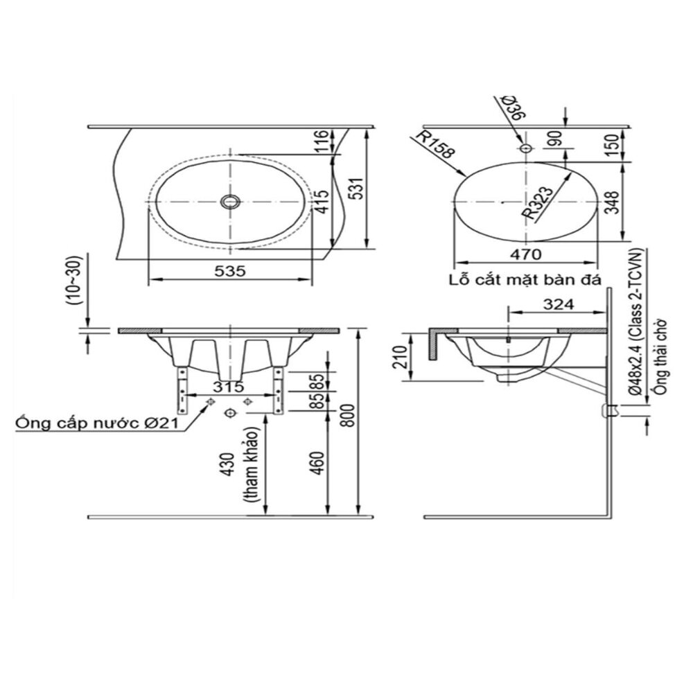Bản vẽ kỹ thuật của chậu rửa mặt lavabo INAX âm bàn AL-2293V