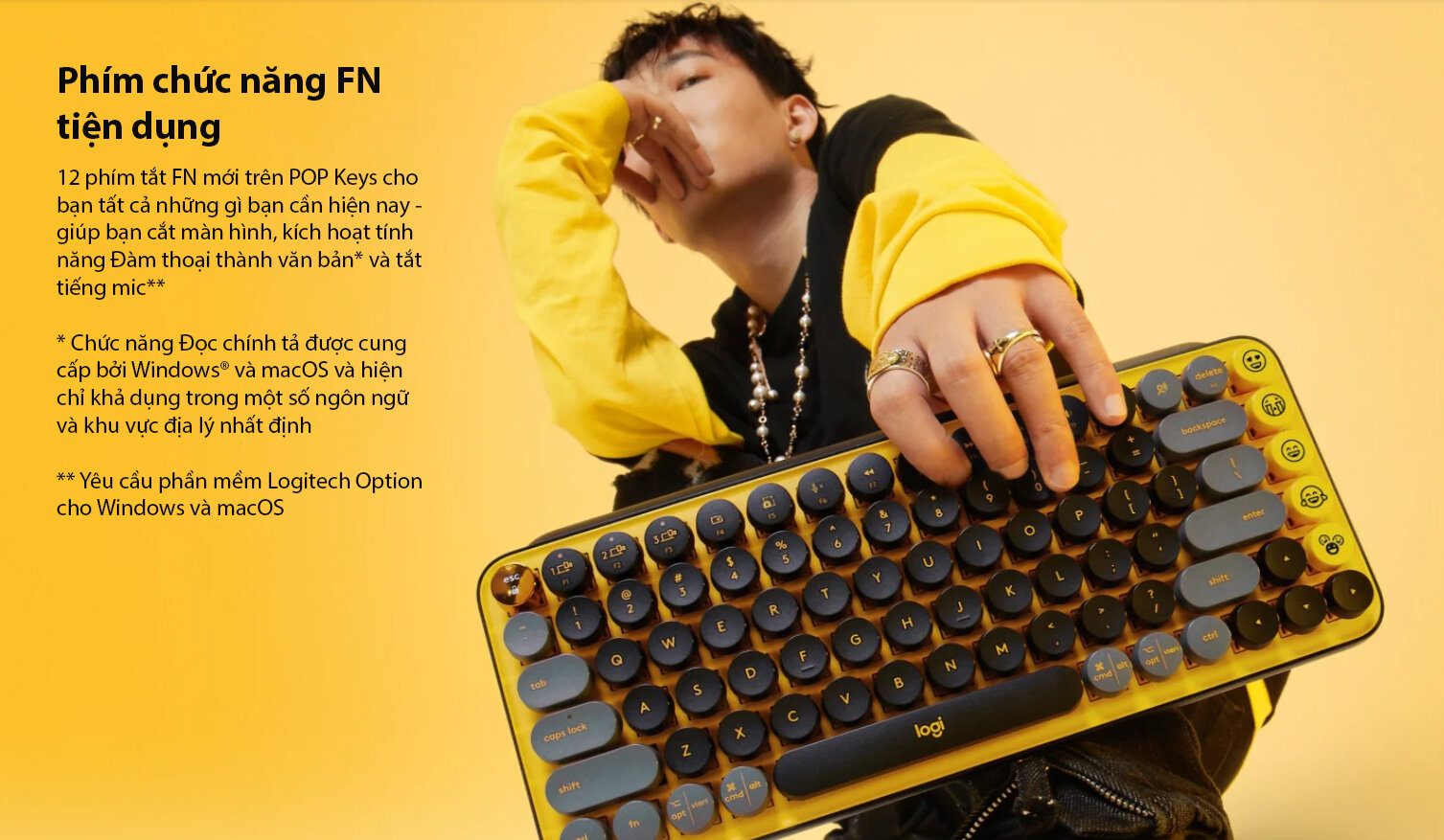 Bàn phím không dây Logitech Pop Keys Blast Yellow (USB/Bluetooth/Vàng-Đen) 4