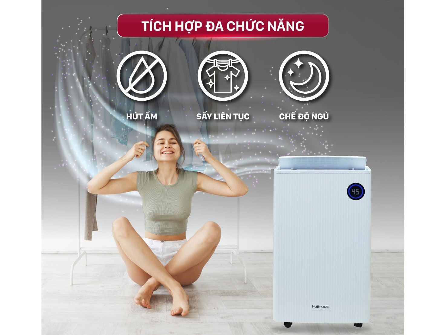 Máy hút ẩm gia đình Fujihome DH25W-HEPA-NEW có nhiều tính năng, có thể sấy quần áo