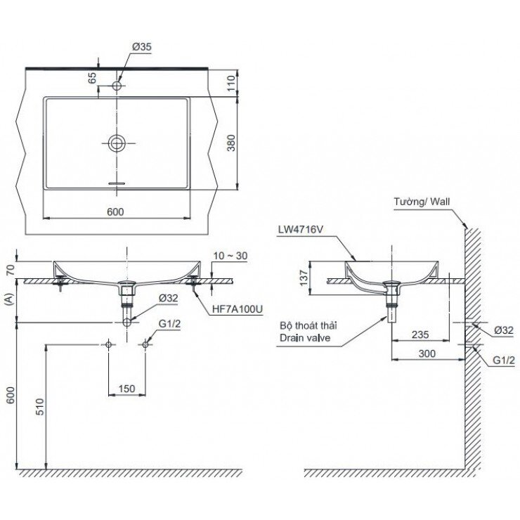 Bản vẽ kỹ thuật chậu rửa lavabo TOTO đặt bàn Linear Ceram LT4716G17