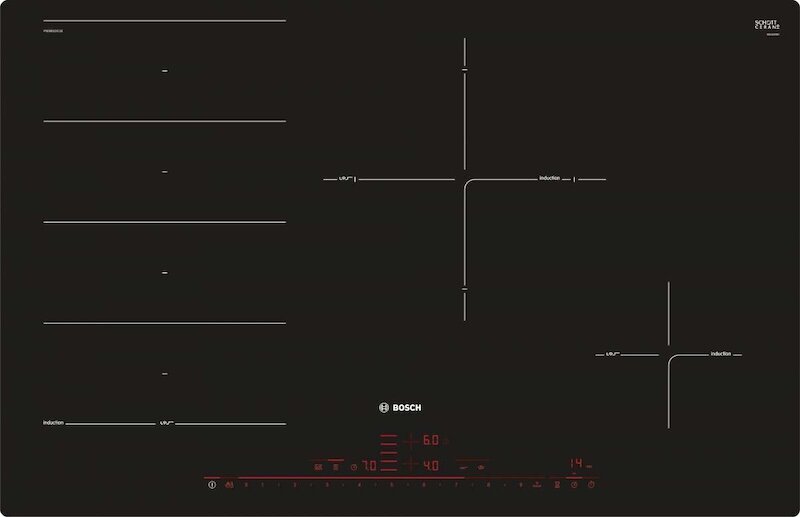 Bếp từ Bosch PXE801DC1E sử dụng mặt kính đen sang trọng với các cạnh bo tròn (Ảnh: Bosch).
