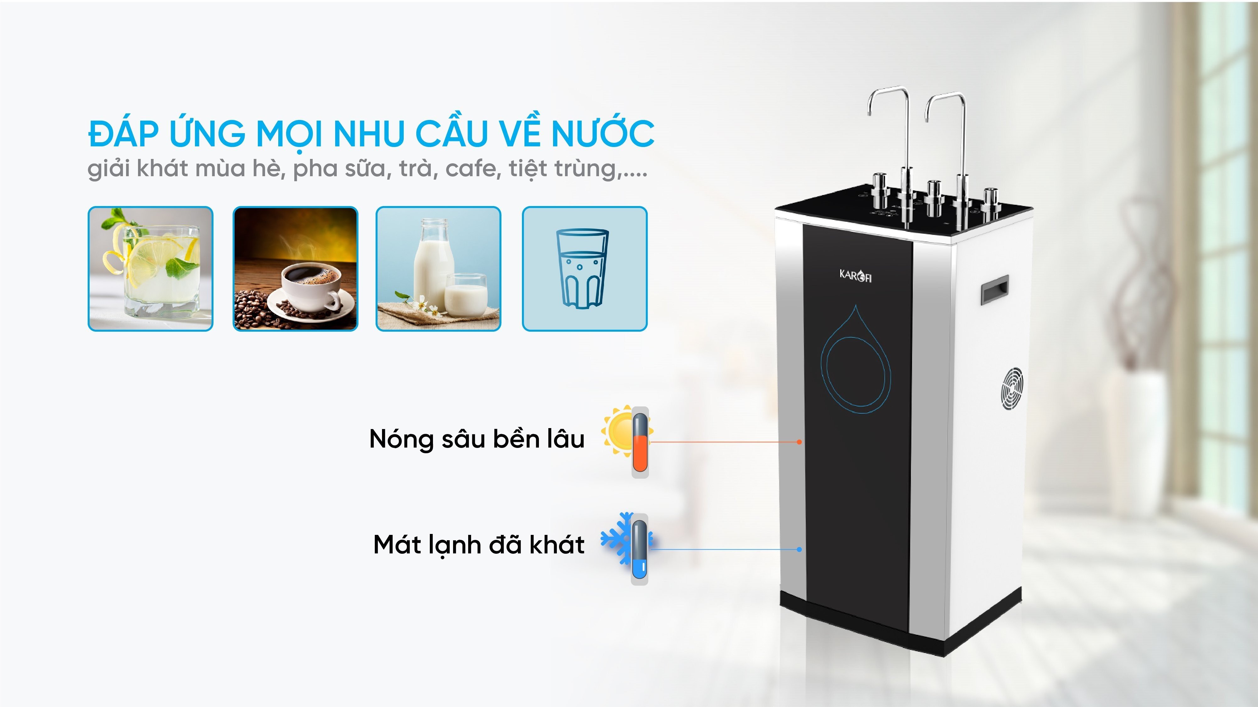 Máy lọc nước nóng lạnh Karofi KAD-D50 tích hợp 3 chế độ nước Máy lọc nước nóng lạnh Karofi KAD-D50 tích hợp 3 chế độ nước