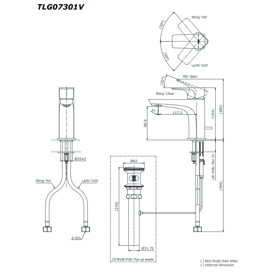 Bản vẽ kỹ thuật vòi chậu lavabo nóng lạnh dòng GE TOTO TLG07301V