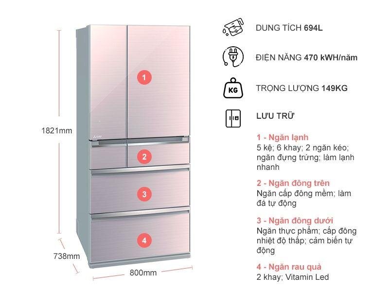 Tủ lạnh 6 cánh Mitsubishi Electric MR-WX70C-F-V - 694 Lít