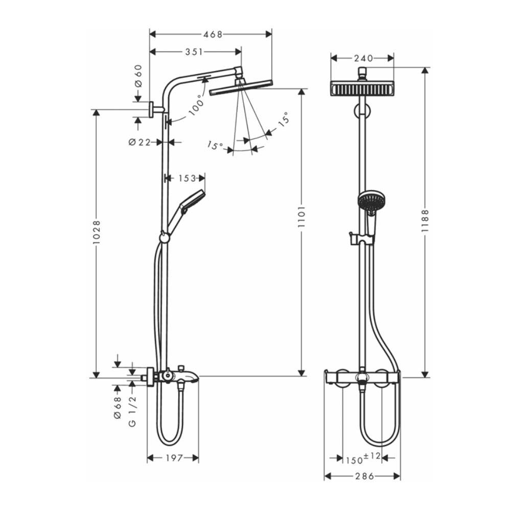 Bản vẽ kỹ thuật của sen cây nóng lạnh HG Crometta E 240 1jet Eco Hansgrohe 26185000