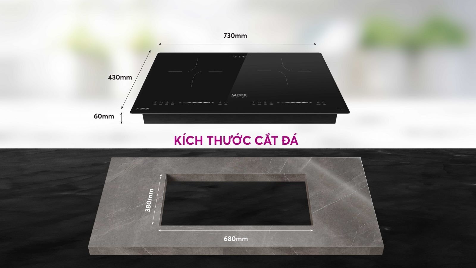 Kích thước bếp từ đôi Mutosi MI-88DI