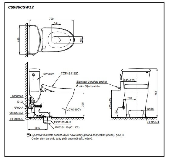 Bản vẽ kỹ thuật bồn cầu TOTO nắp rửa điện tử CS986CGW12