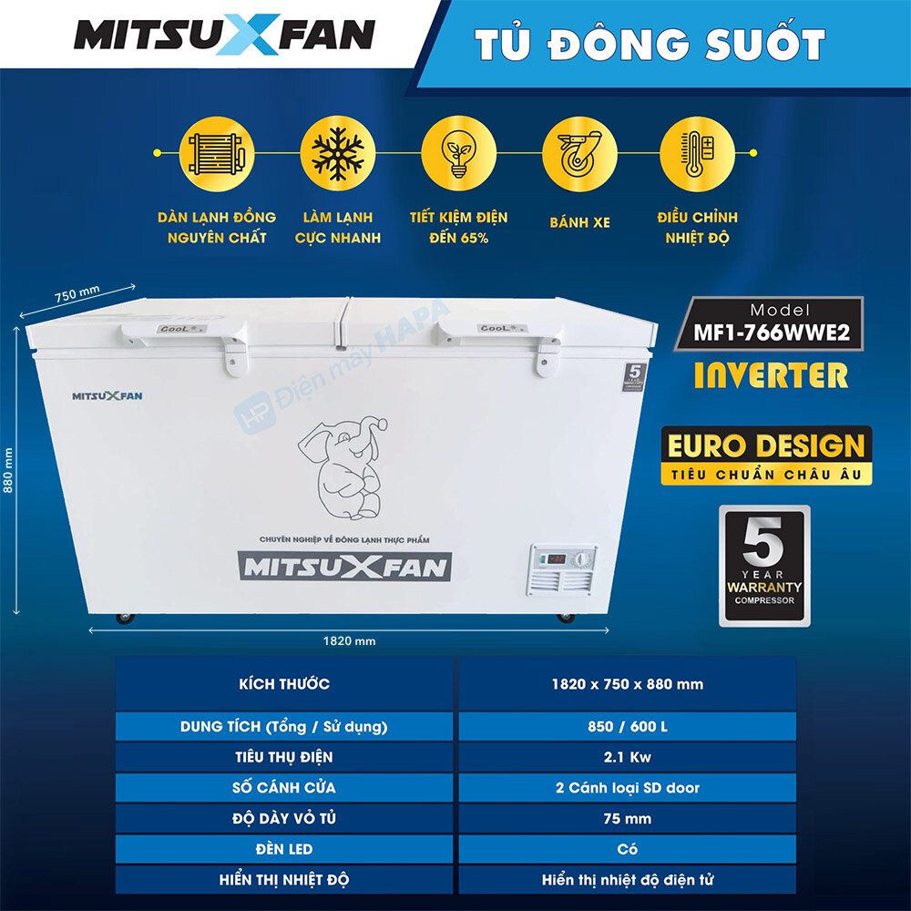 Tủ đông Mitsuxfan inverter 1 ngăn 850 lít MF1-766WWE2