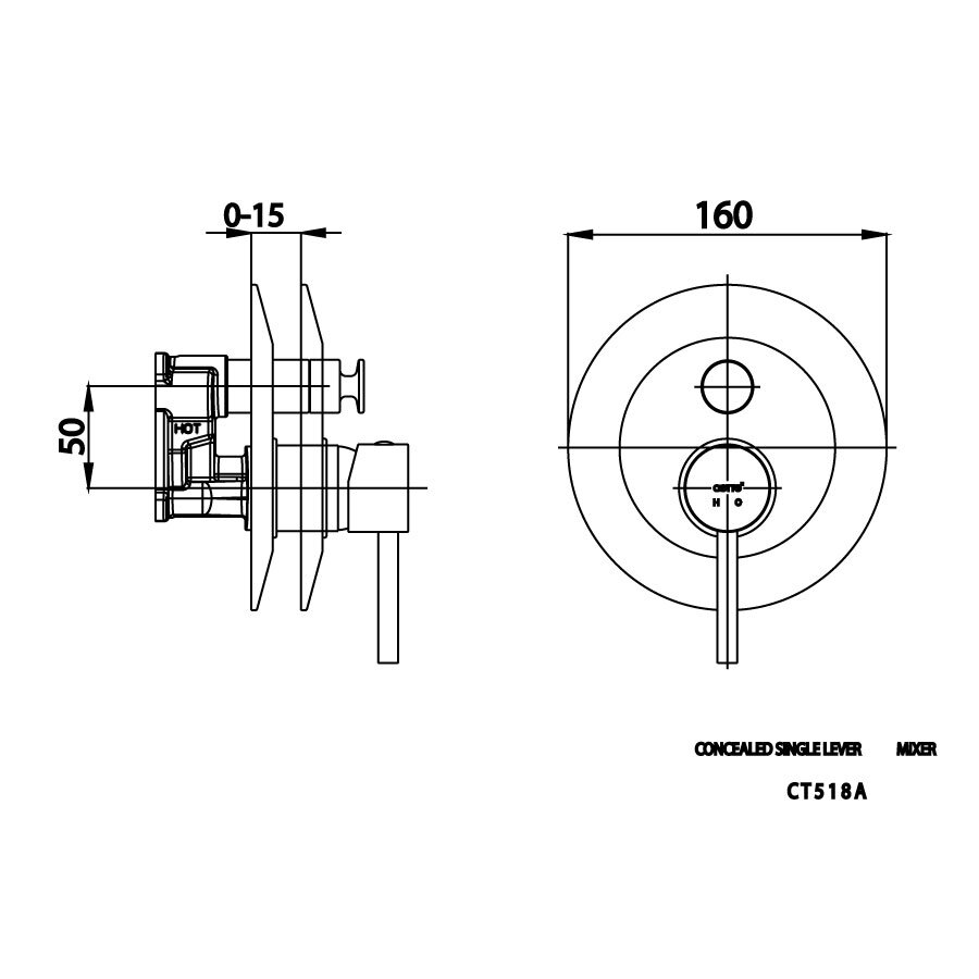 Bản vẽ kỹ thuật van điều chỉnh nhiệt đọ sen tắm âm tường nóng lạnh COTTO CT518A 2 đường nước