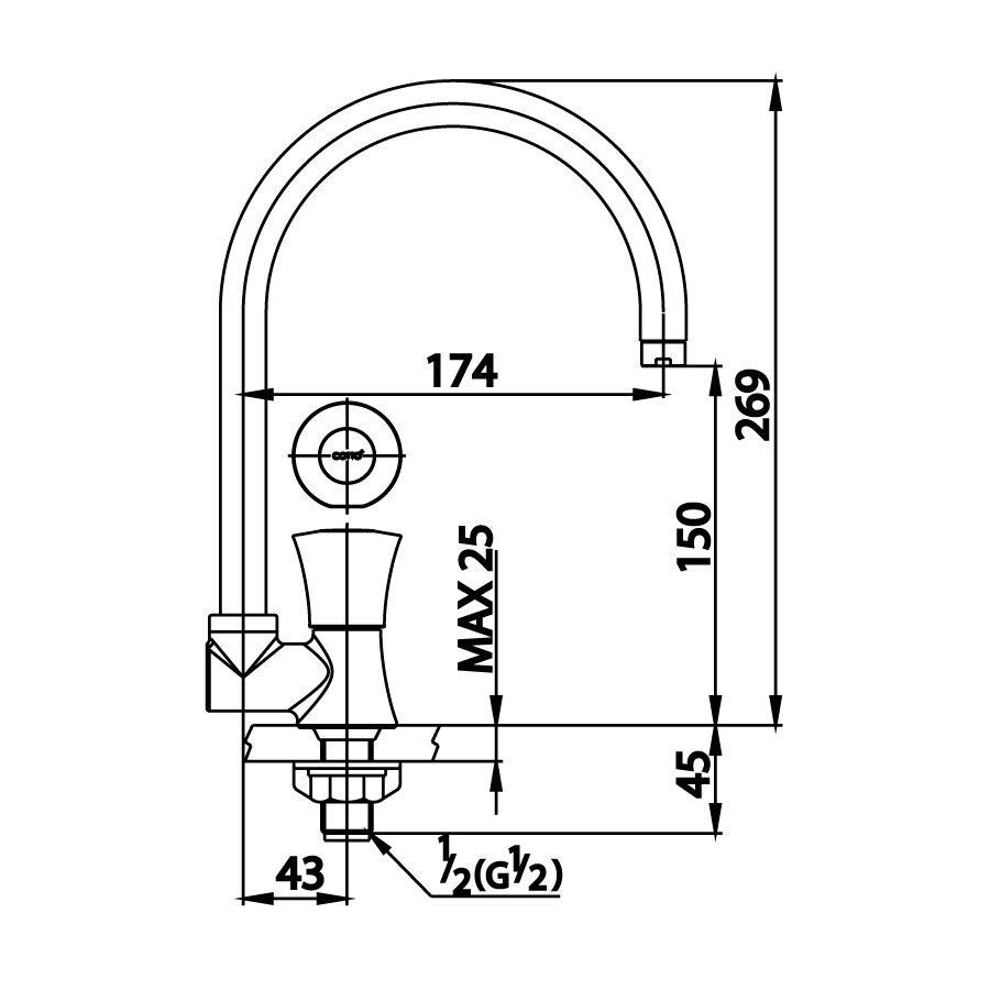 Bản vẽ kỹ thuật vòi bếp COTTO nước lạnh CT1094C26(HM)