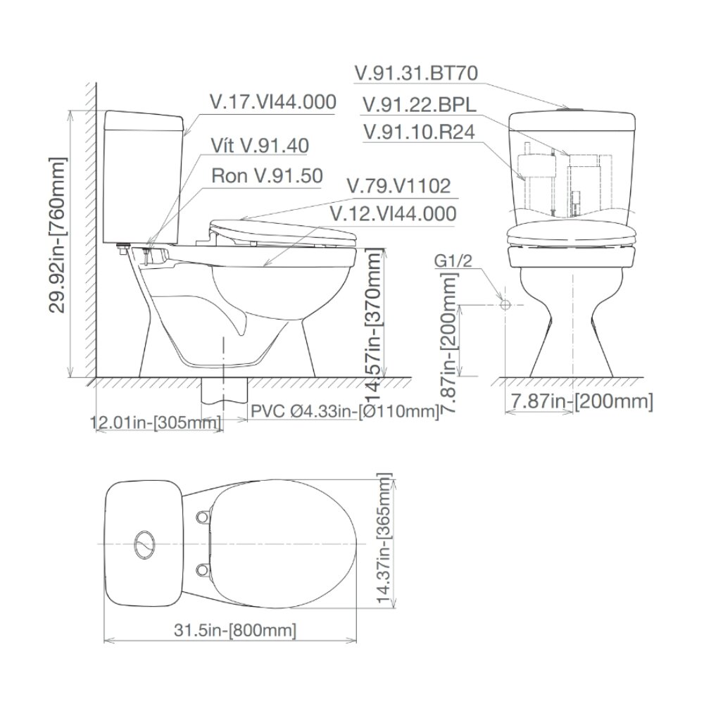 Bản vẽ kỹ thuật bồn cầu 2 khối Viglacera VI44 nắp thường (+ lavabo VTL2)