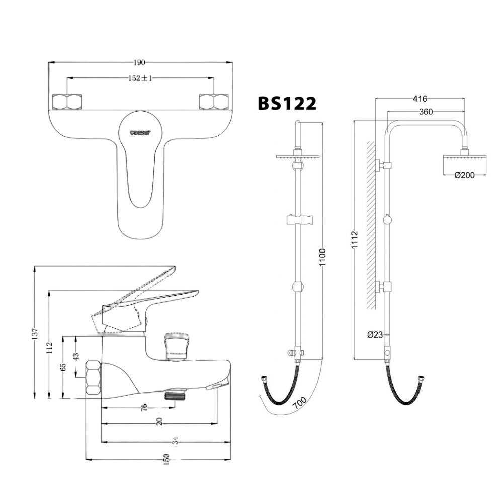 Bản vẽ kỹ thuật của bộ sen cây tắm đứng nóng lạnh Caesar BS122+S123C