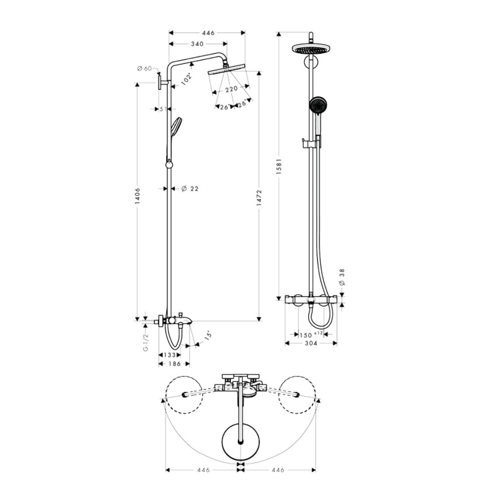 Bản vẽ kỹ thuật của sen cây nhiệt độ Croma 220 Hansgrohe 27223000