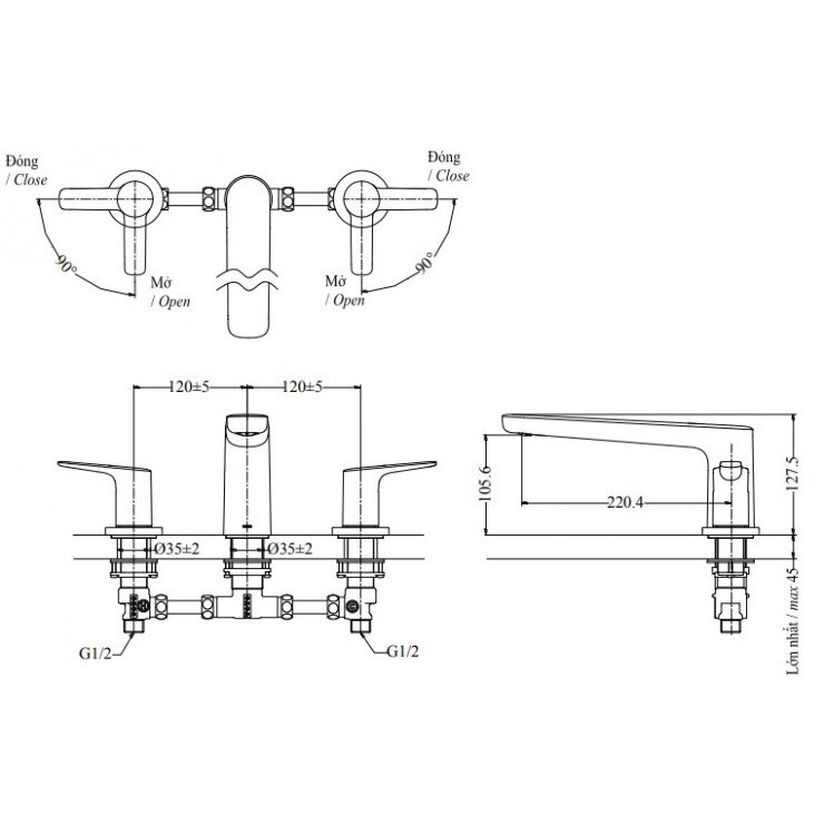 Bản vẽ kỹ thuật vòi xả bồn tắm nóng lạnh TOTO GS TBG03201BA