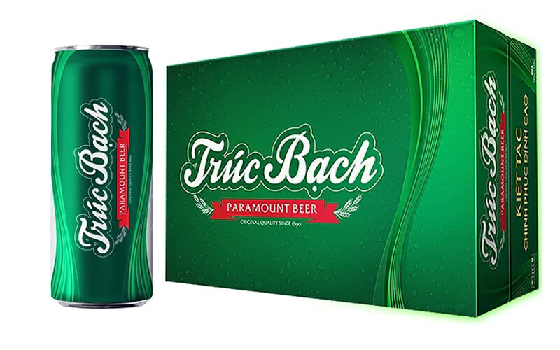 Thiết kế thùng 24 lon bia Trúc Bạch 330ml màu xanh sang trọng, lon sleek cao cấp