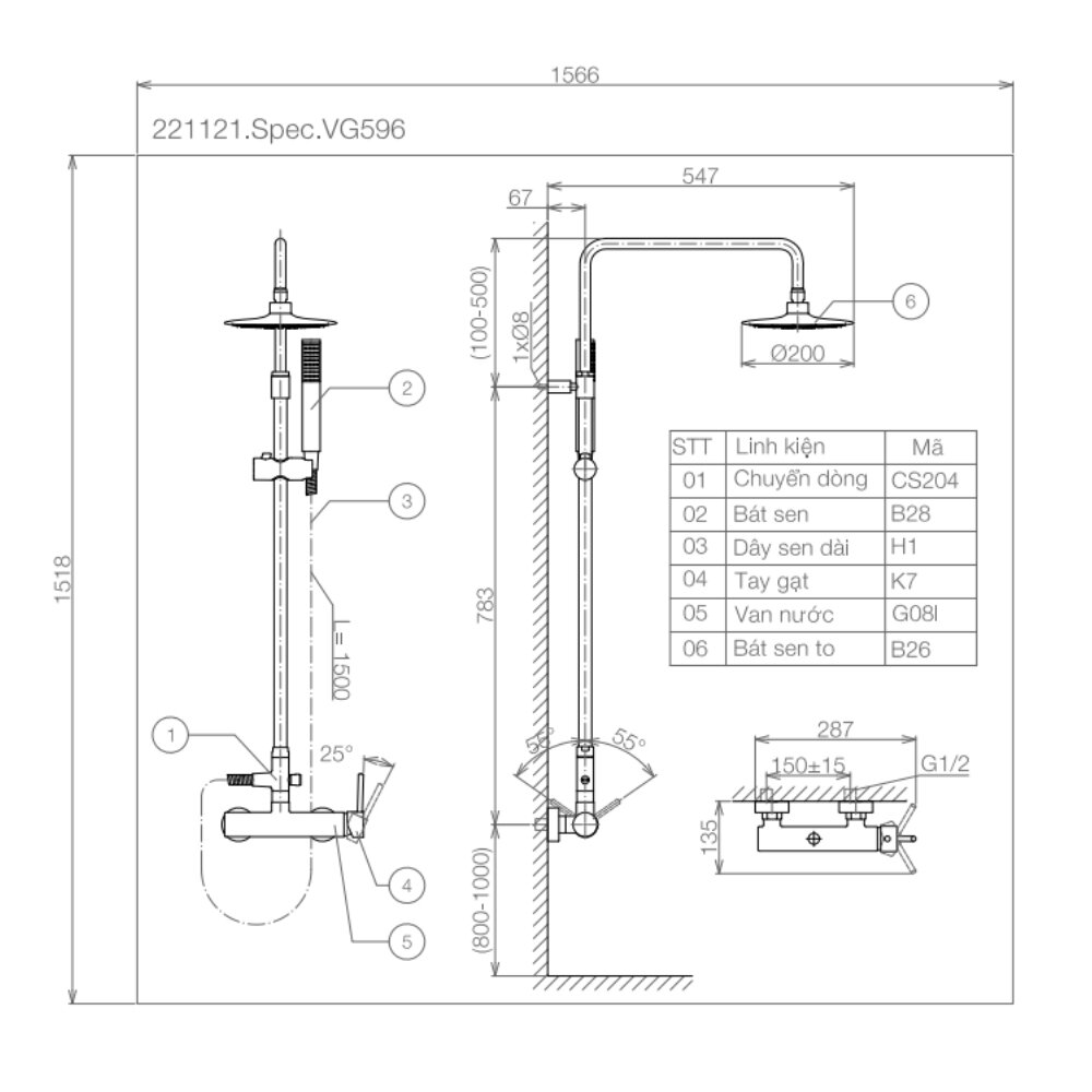 Bản vẽ kỹ thuật sen cây nóng lạnh Viglacera VG596