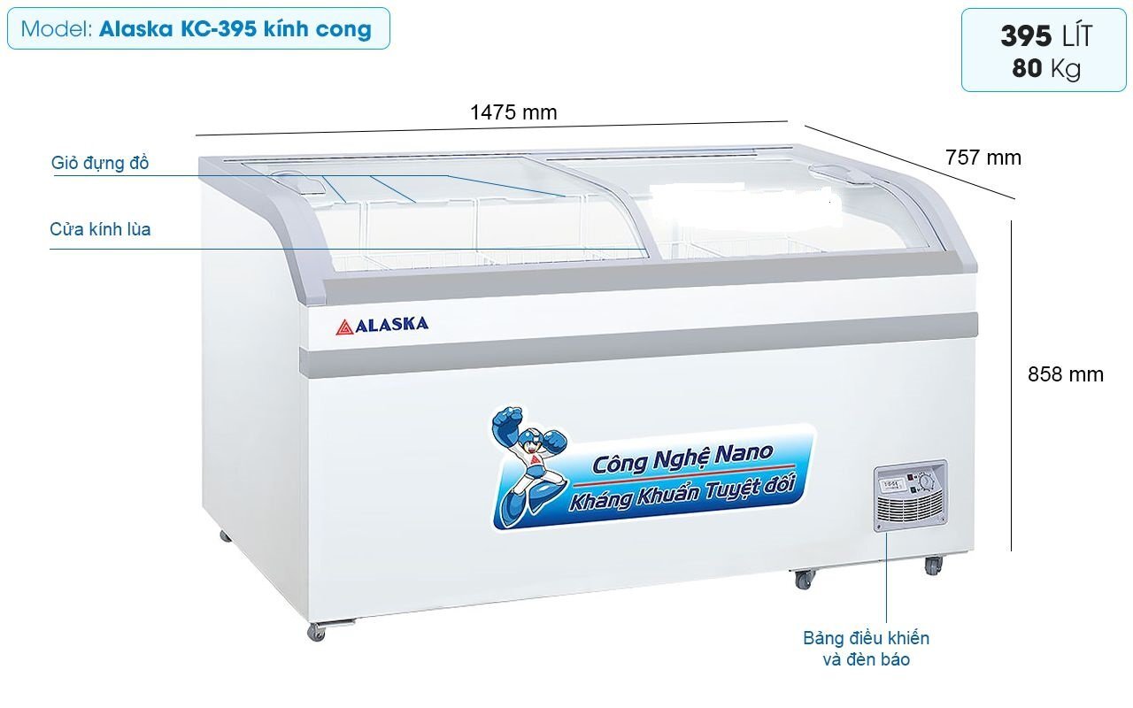 Tổng quan tủ đông kính cong Alaska KC-395 - 395 lít
