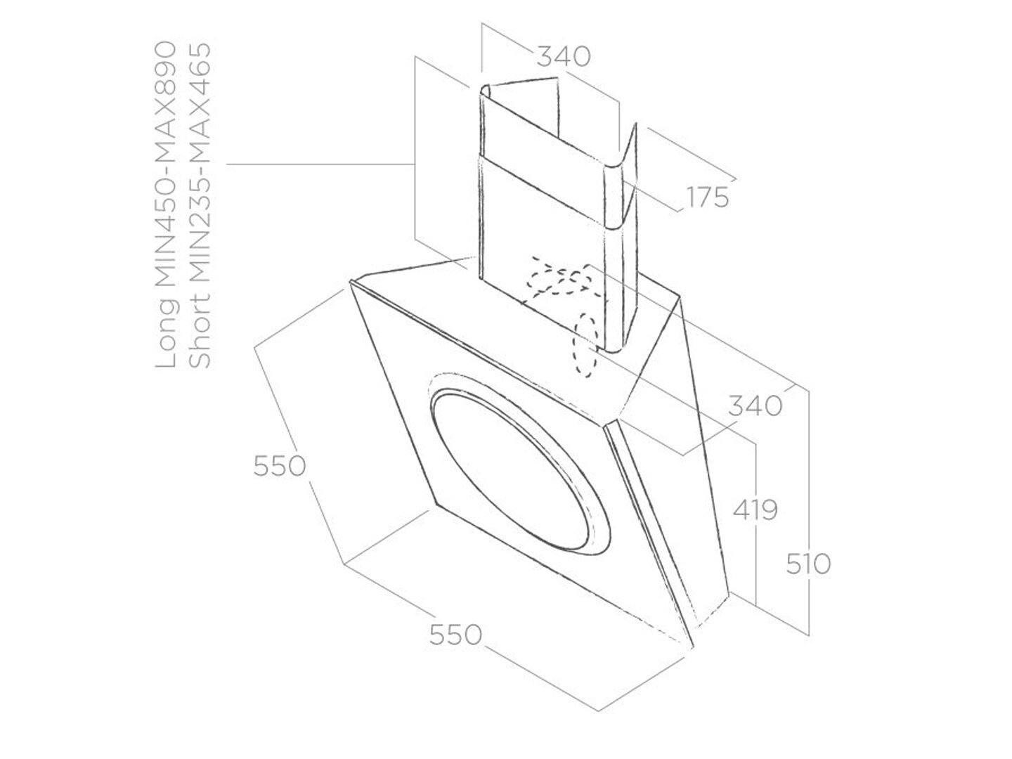 Bản vẽ kỹ thuật máy hút mùi áp tường ELICA MINI OM
