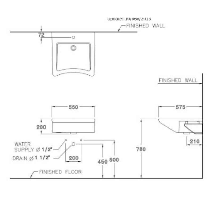 Bản vẽ kỹ thuật chậu rửa mặt lavabo treo tường COTTO SC00537