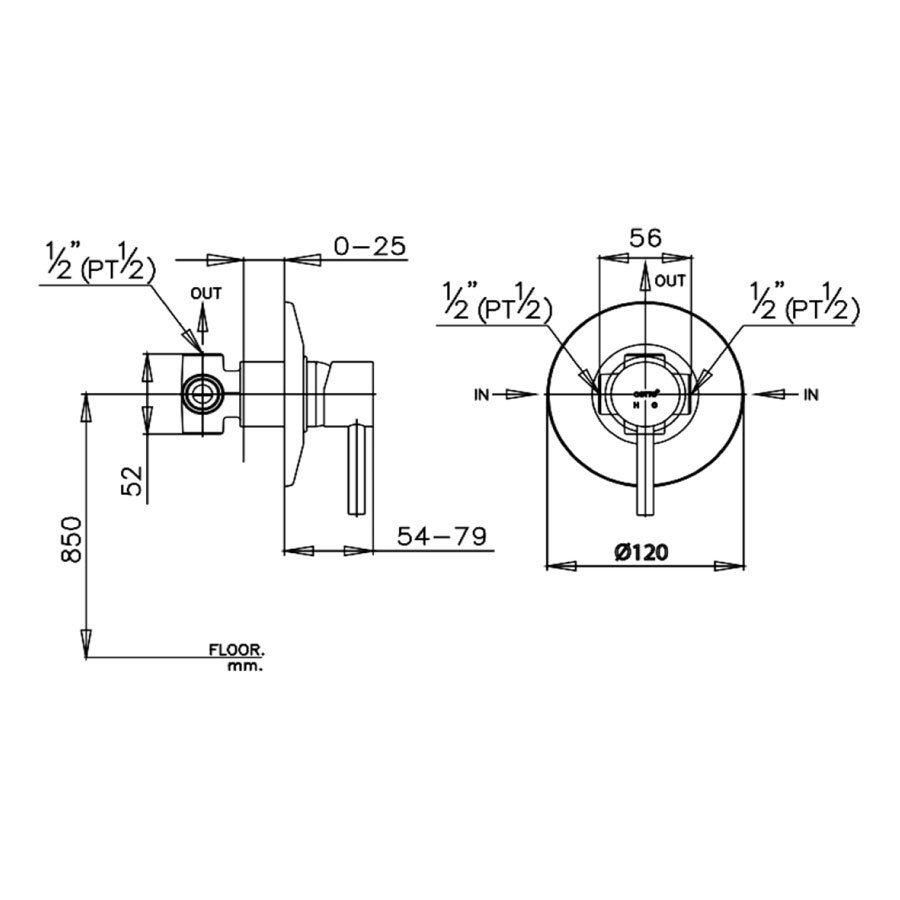 Bản vẽ kỹ thuật van điều chỉnh âm tường nóng lạnh 1 đường nước Anthony COTTO CT594A
