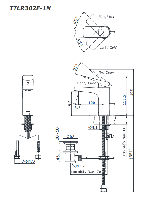 Bản vẽ kỹ thuật vòi chậu rửa mặt lavabo TOTO TTLR302F-1NR nóng lạnh
