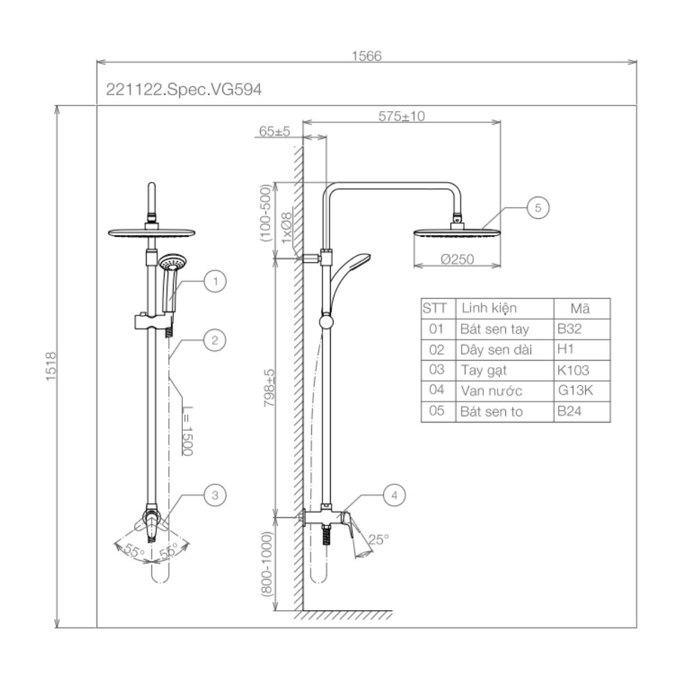 Bản vẽ kỹ thuật sen cây lạnh Viglacera VG594
