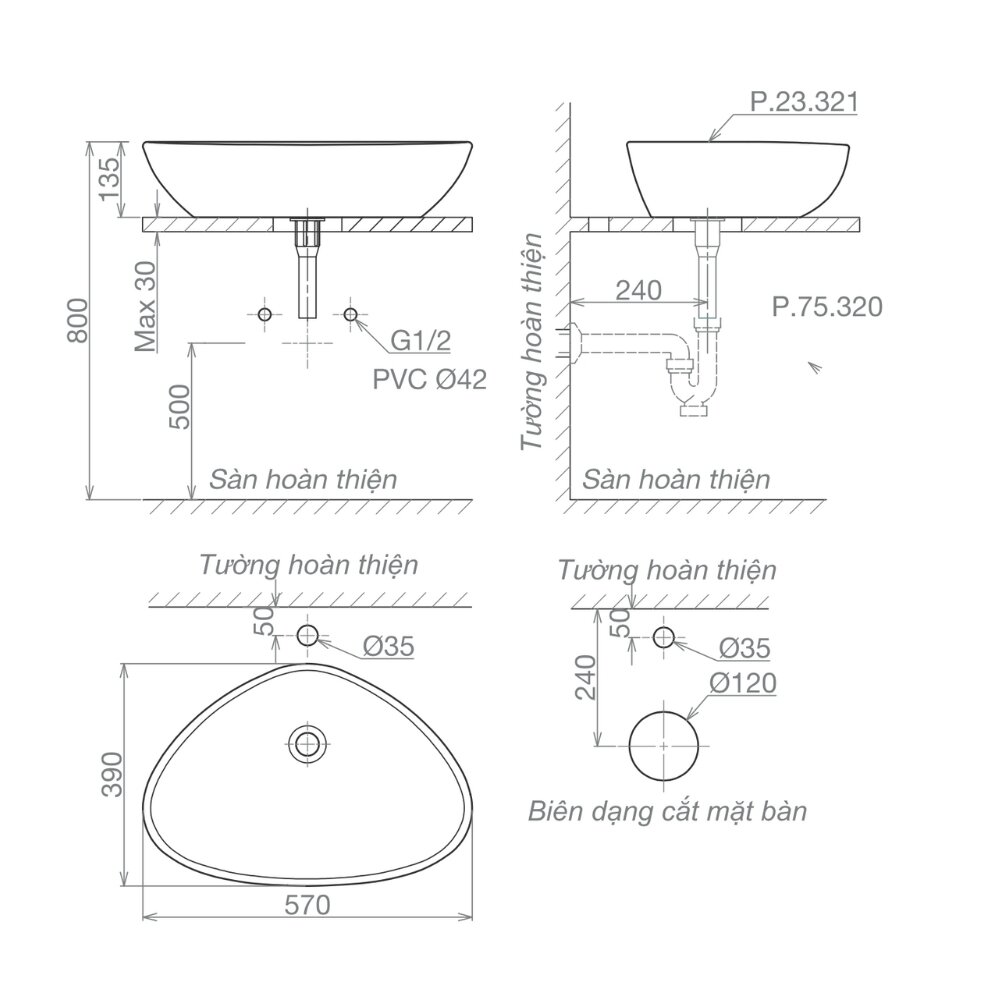 Bản vẽ kỹ thuật của chậu rửa lavabo đặt bàn Viglacera Platinum P.23.321