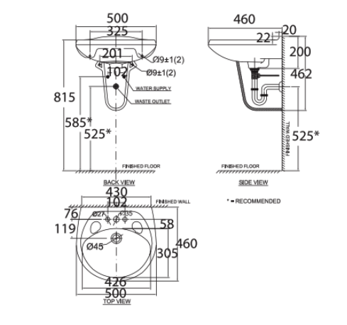 Bản vẽ kỹ thuật chân chậu rửa mặt lavabo treo tường VF-0912 American Standard 