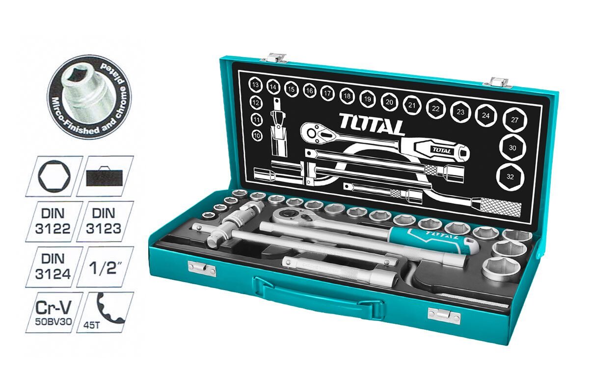 Bộ 24 cái socket 1/2 in và cần 2 chiều Total THT141253