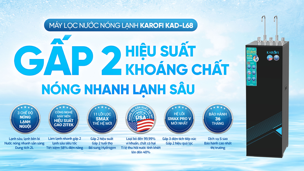 máy lọc nước RO nóng lạnh Karofi KAD-L68 bổ sung gấp đôi hydrogen máy lọc nước RO nóng lạnh Karofi KAD-L68 bổ sung gấp đôi hydrogen