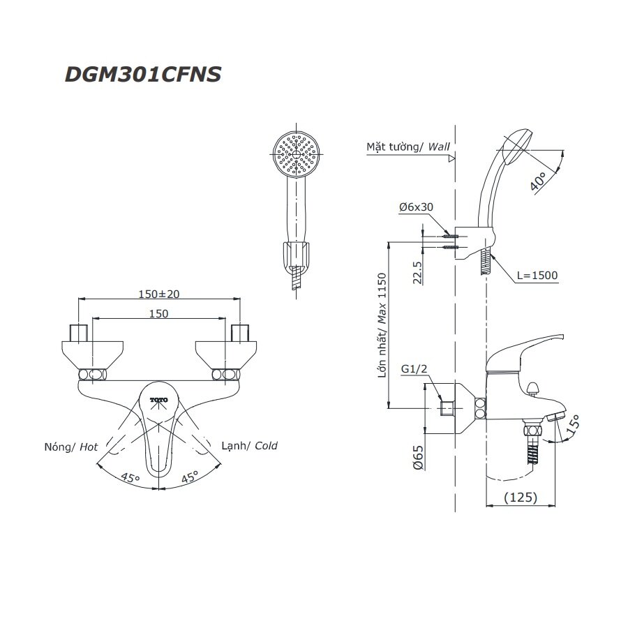 Bản vẽ kỹ thuật của bộ sen tắm DGM301CFNS TOTO