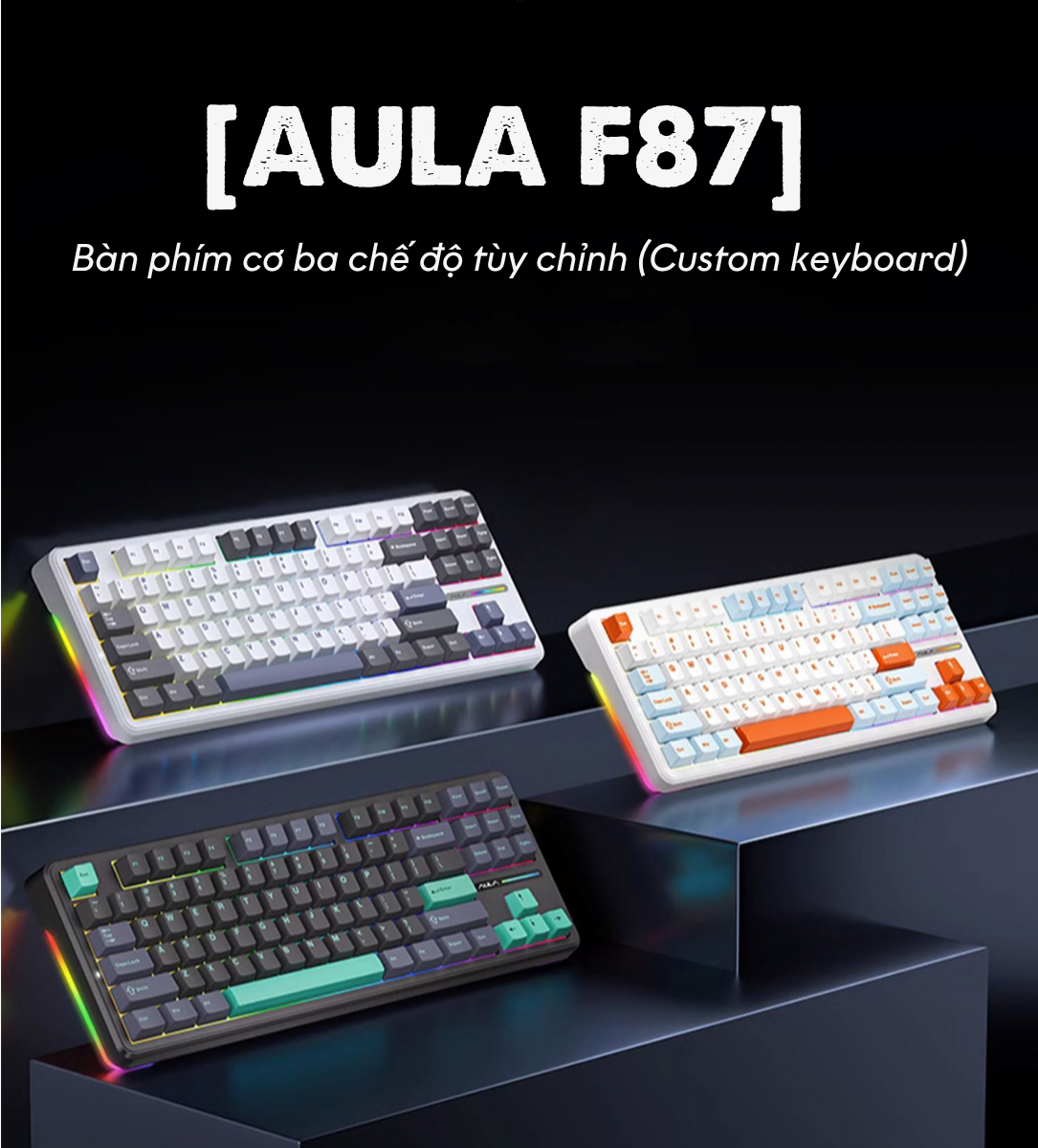 Bàn phím cơ AULA F87 3 mode Đen Trắng Xanh dương (TypeC + 2.4G + Bluetooth, Grey wood V3 switch, led RGB) 1
