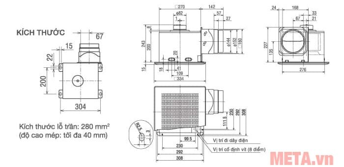 Kích thước của quạt hút âm trần nối ống Mitsubishi VD-18Z4T5 Mitsubishi VD-18Z4T5