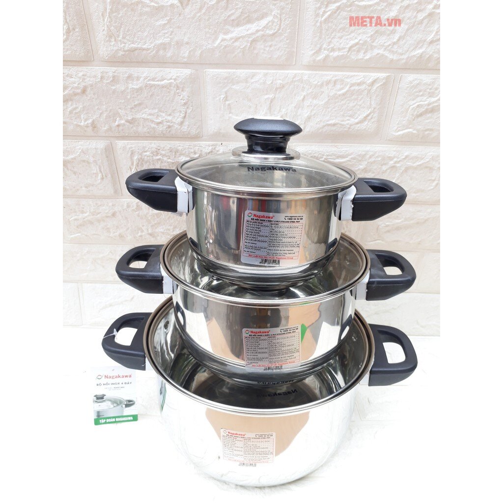 Bộ nồi inox 4 đáy Nagakawa NAG1303 (16cm, 20cm, 24cm)
