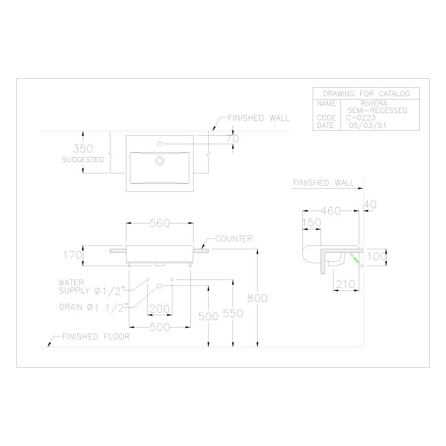 Bản vẽ kỹ thuật chậu rửa lavabo COTTO bán âm bàn C02237