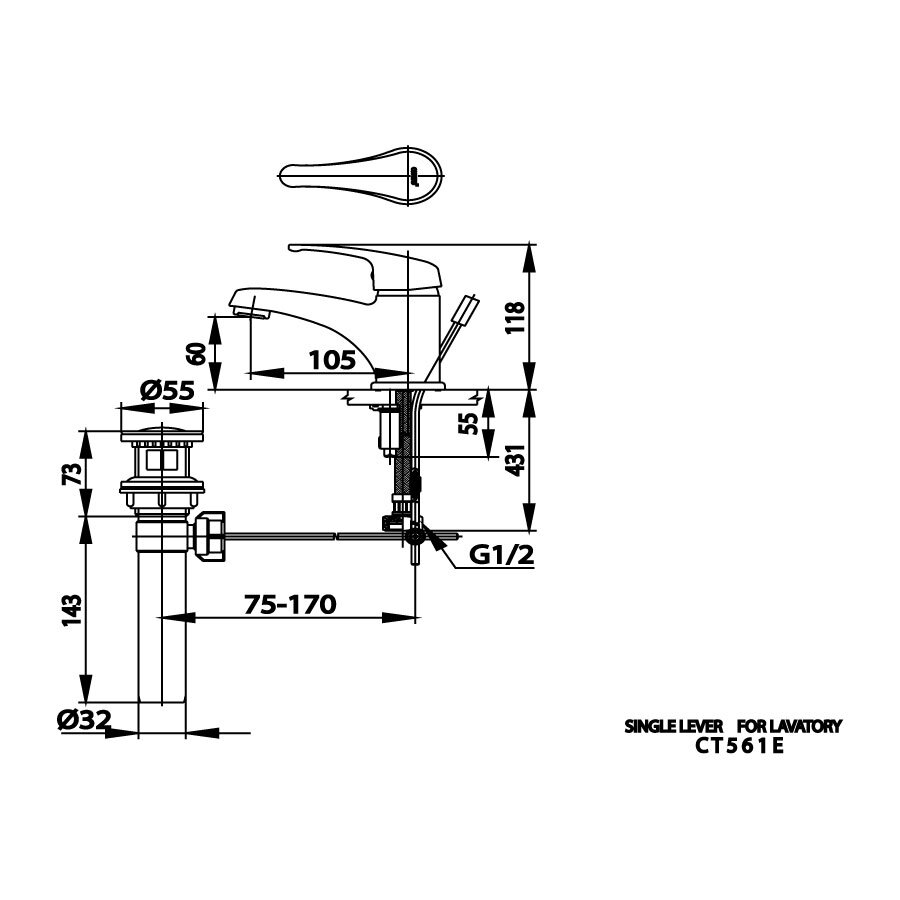 Bản vẽ kỹ thuật vòi chậu lavabo COTTO CT561E nóng lạnh Arona