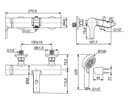 Bản vẽ kỹ thuật sen tắm gắn tường American Standard WF-3913