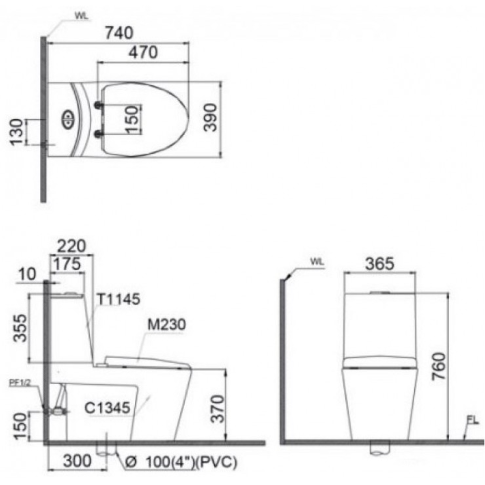 Bản vẽ kỹ thuật bồn cầu 2 khối nắp rửa cơ Caesar CD1345+TAF060